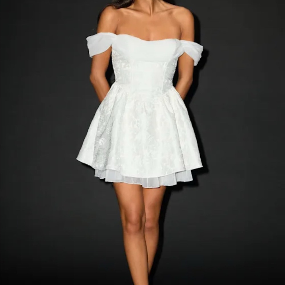 NEW Lulus Kalara White Jacquard Off-the-Shoulder Mini Dress